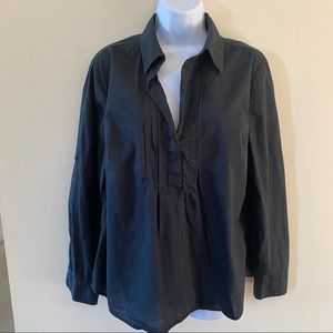 New York & Company Black Cotton Blouse L Large Roll Tab Sleeves 3/4 Button 23243